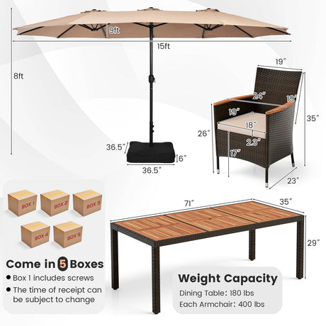 Juego de comedor para exteriores de 10 piezas con sombrilla doble de patio de 4.5 metros