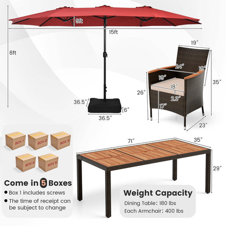 Juego de comedor para exteriores de 10 piezas con sombrilla doble de patio de 4.5 metros