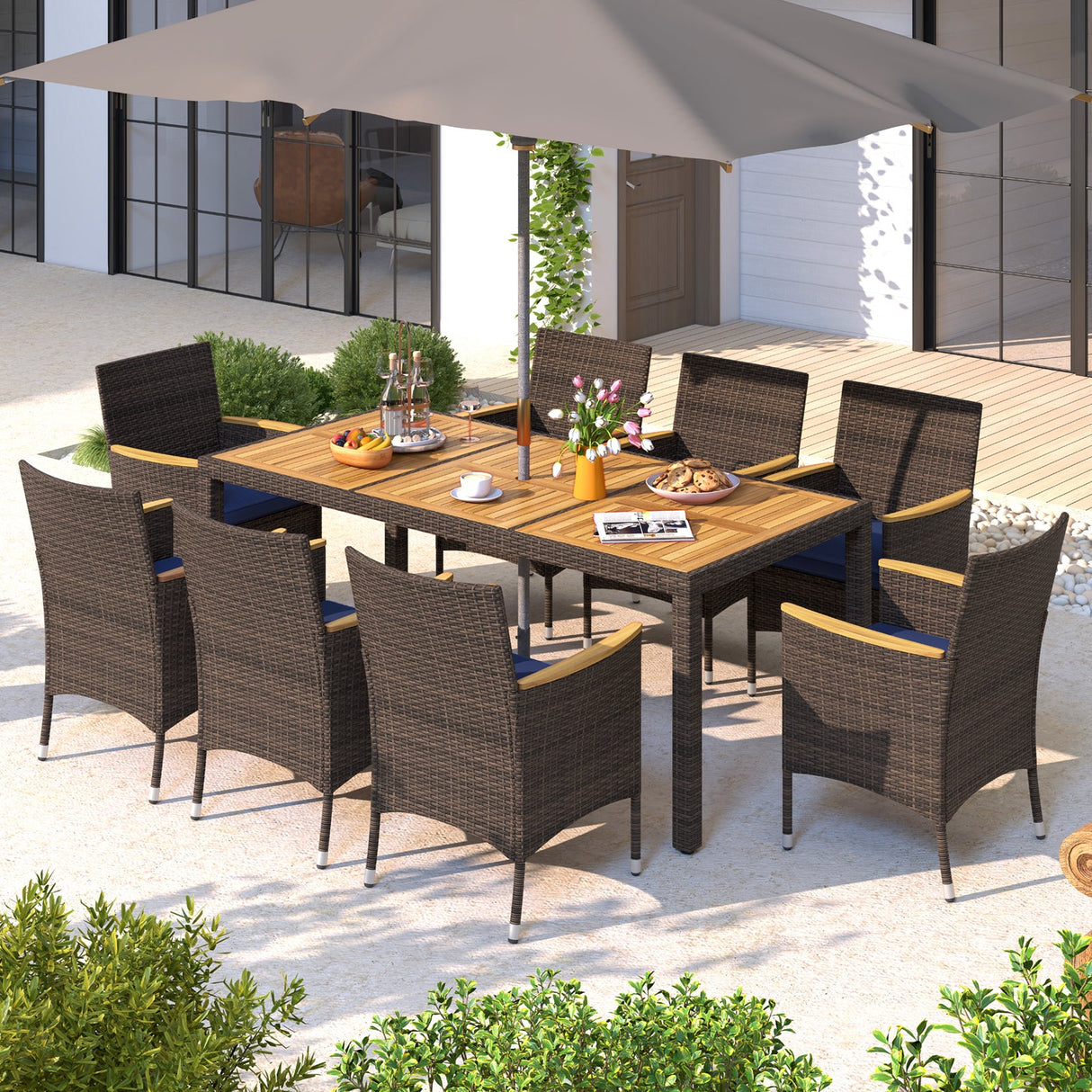 Juego de comedor para exteriores de 9 piezas con tablero de madera de acacia