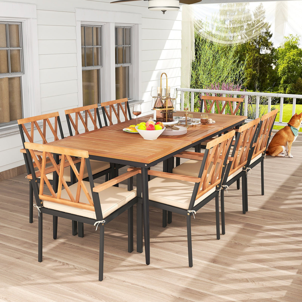 Juego de comedor de patio de 9 piezas con orificio para sombrilla de 1.9 pulgadas y cojines de asiento