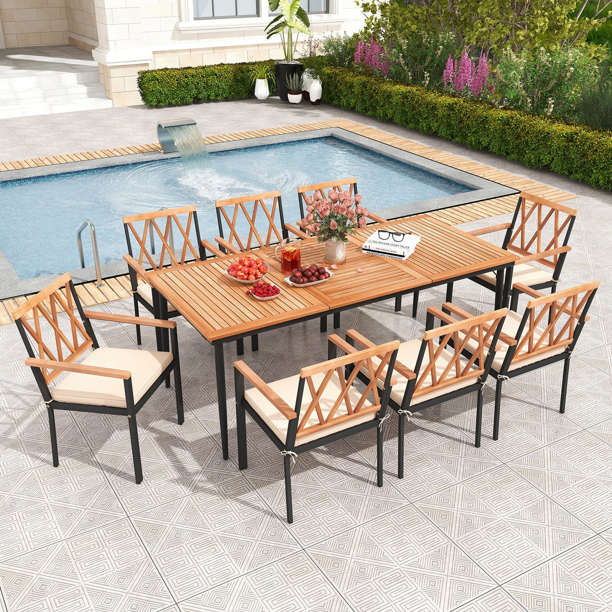 Juego de comedor de patio de 9 piezas con orificio para sombrilla de 1.9 pulgadas y cojines de asiento