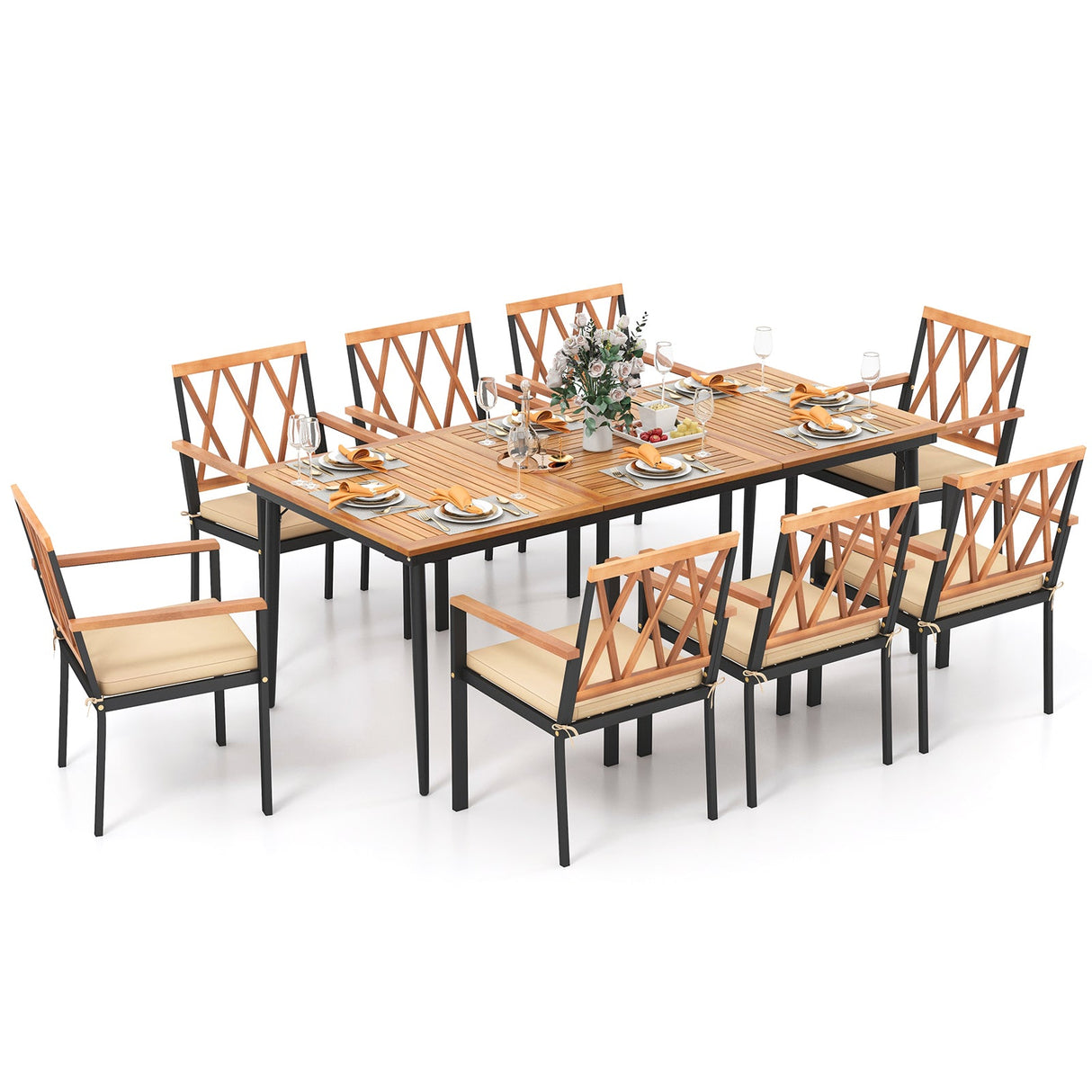 Juego de comedor de patio de 9 piezas con orificio para sombrilla de 1.9 pulgadas y cojines de asiento