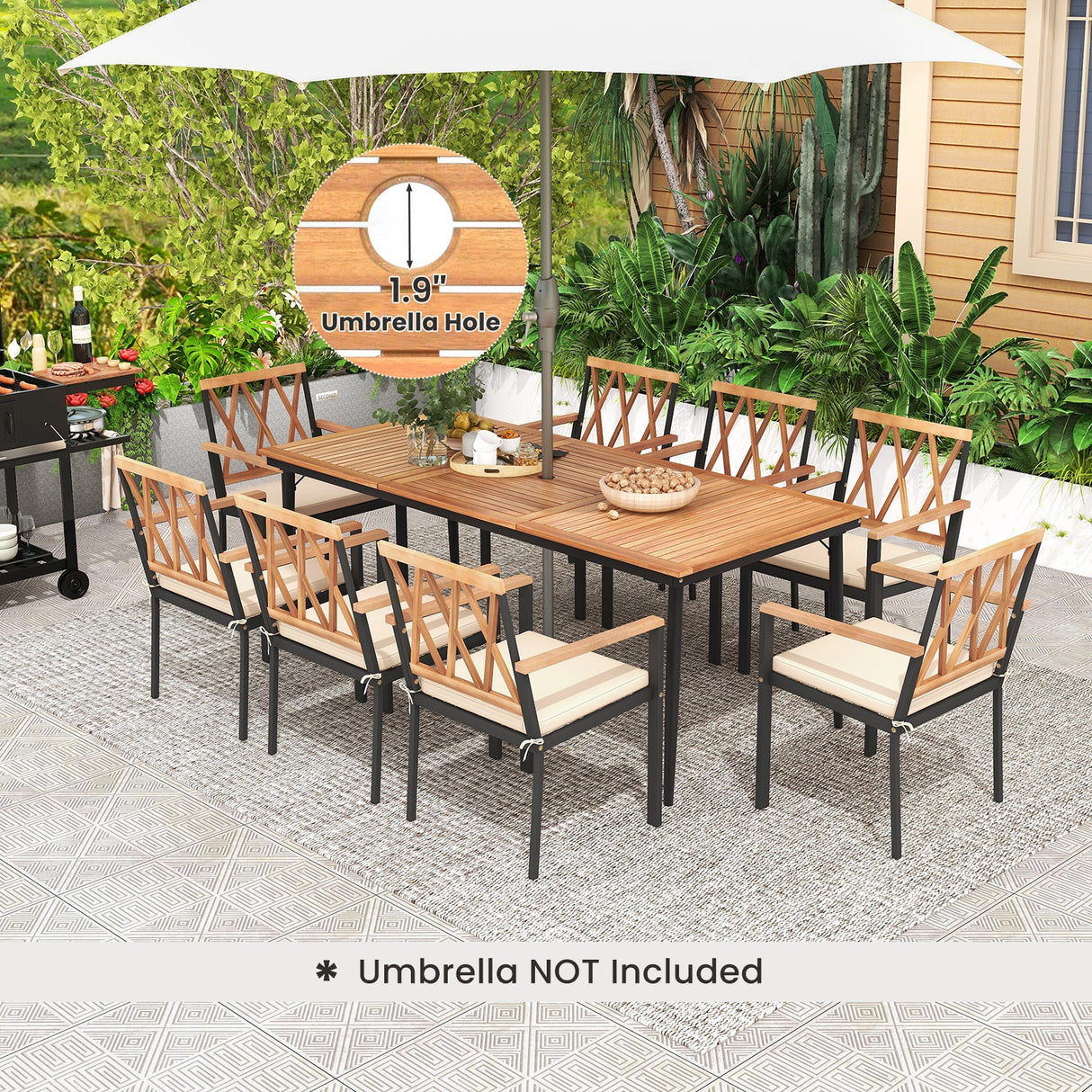 Juego de comedor de patio de 9 piezas con orificio para sombrilla de 1.9 pulgadas y cojines de asiento