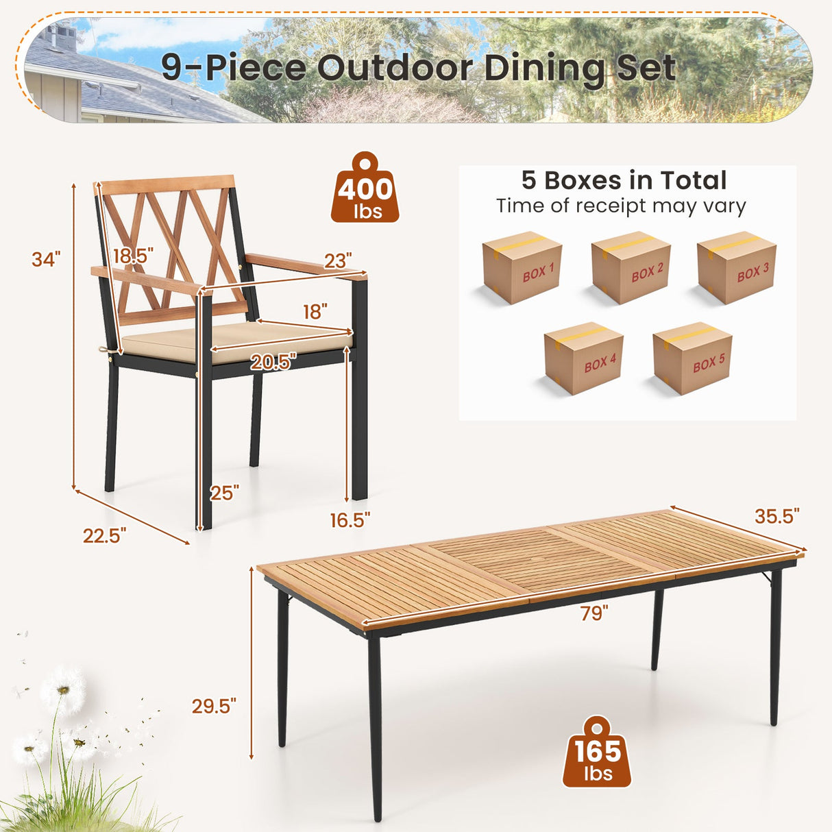 Juego de comedor de patio de 9 piezas con orificio para sombrilla de 1.9 pulgadas y cojines de asiento