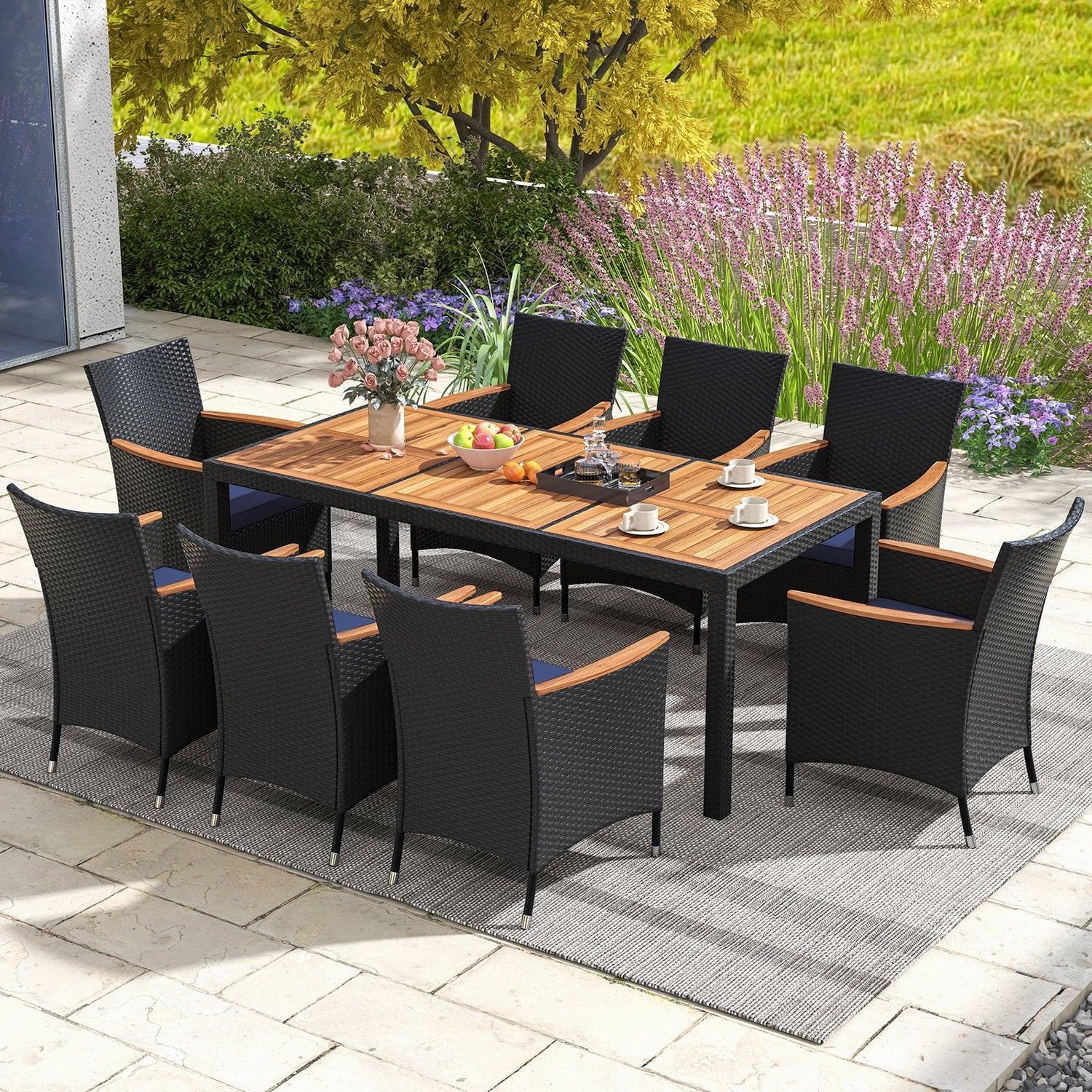 Juego de comedor para exteriores de 9 piezas con mesa de madera de acacia