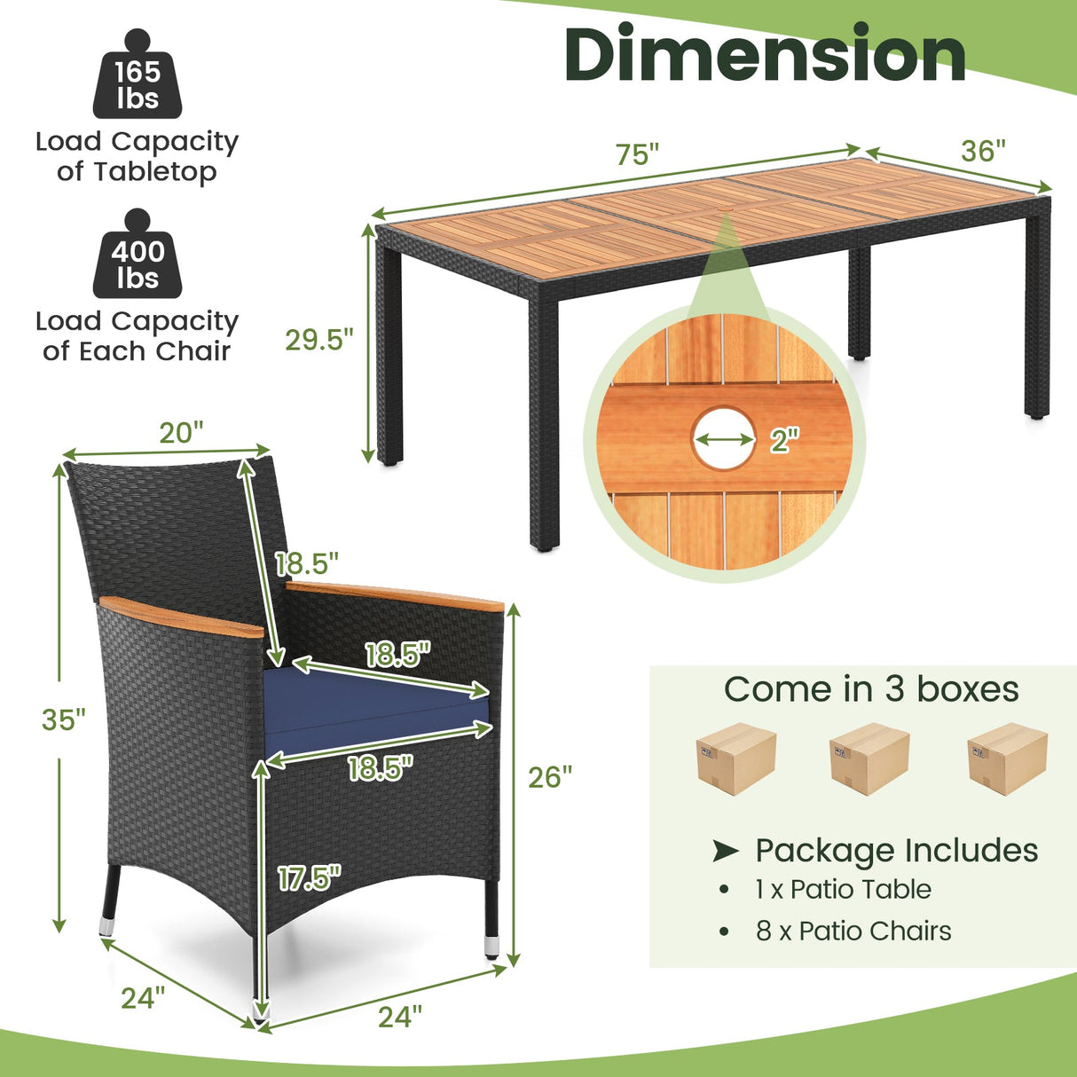 Juego de comedor para exteriores de 9 piezas con mesa de madera de acacia