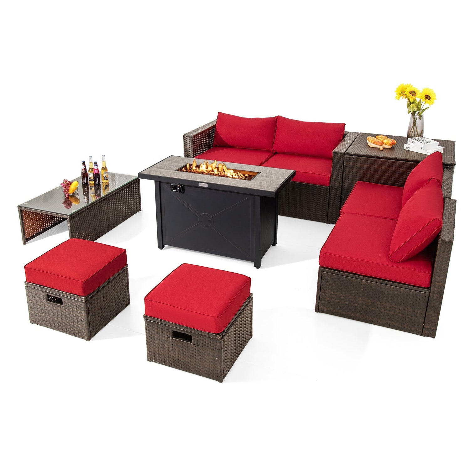Juego de muebles de patio exterior de 9 piezas con mesa de brasero de propano de 42 pulgadas