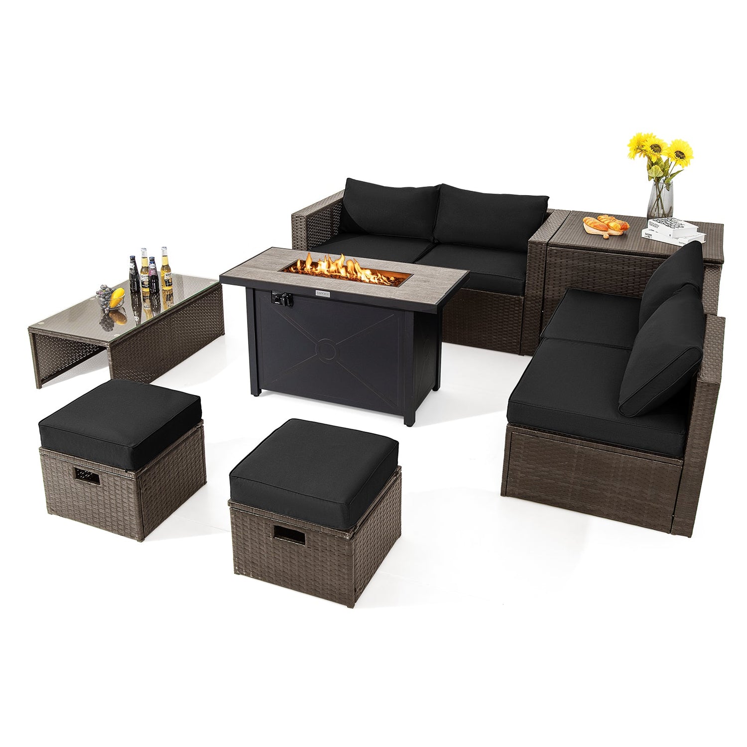 Juego de muebles de patio exterior de 9 piezas con mesa de brasero de propano de 42 pulgadas