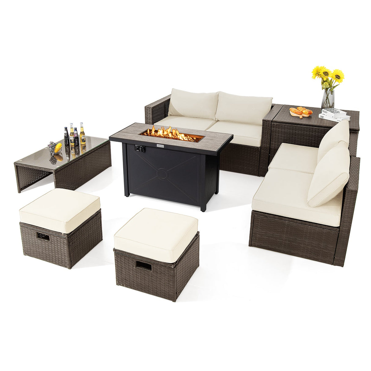 Juego de muebles de patio exterior de 9 piezas con mesa de brasero de propano de 42 pulgadas