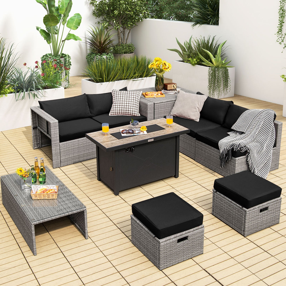 Juego de muebles de patio de 9 piezas con fogón de 42 pulgadas y 60000 BTU