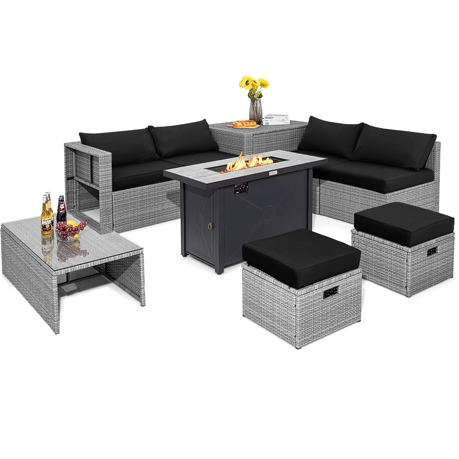 Juego de muebles de patio de 9 piezas con fogón de 42 pulgadas y 60000 BTU