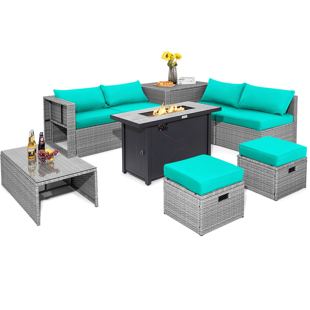 Juego de muebles de patio de 9 piezas con fogón de 42 pulgadas y 60000 BTU