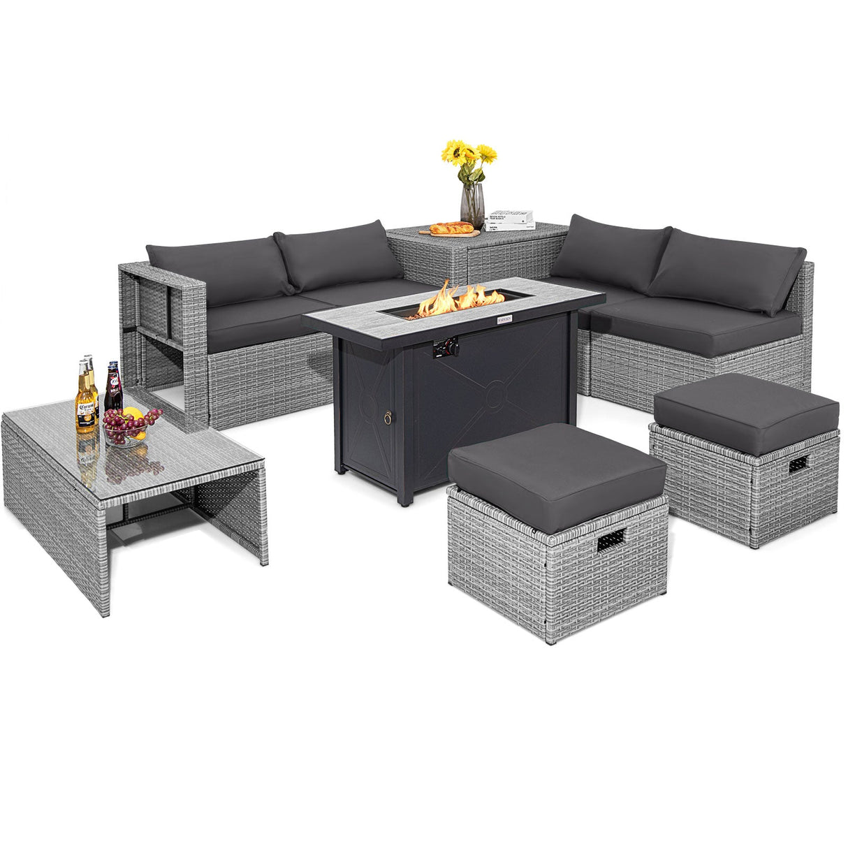 Juego de muebles de patio de 9 piezas con fogón de 42 pulgadas y 60000 BTU