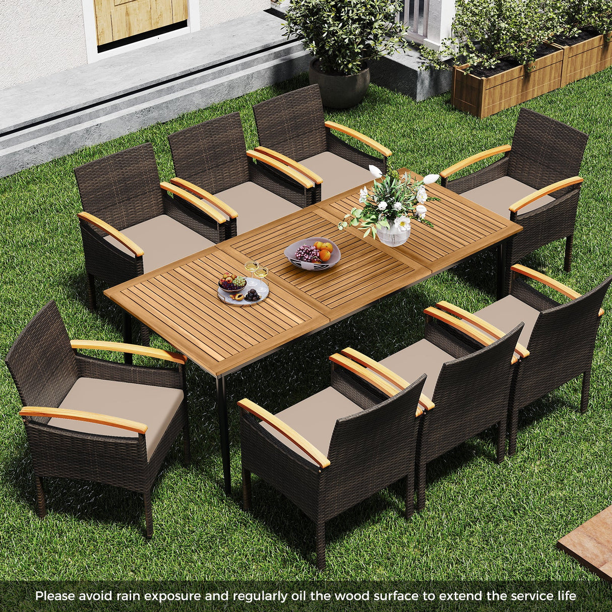 Juego de comedor de mimbre de PE para patio de 9 piezas con cojines y orificio para sombrilla