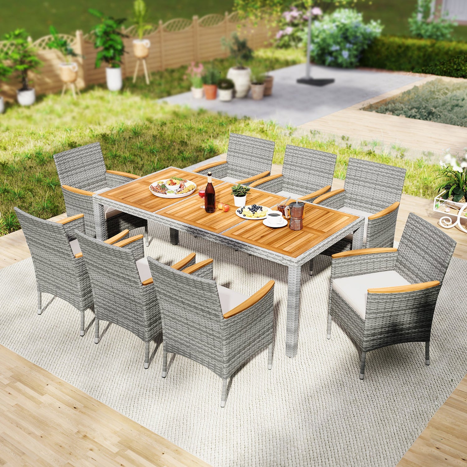 Juego de Comedor de Patio de Mimbre PE de 9 Piezas para Terraza Jardín y Patio Trasero