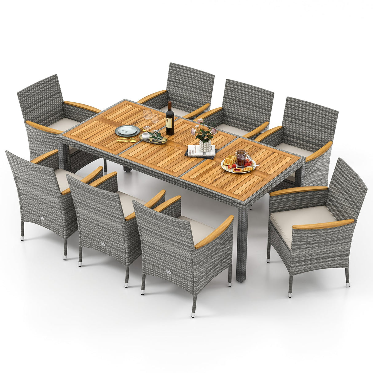 Juego de Comedor de Patio de Mimbre PE de 9 Piezas para Terraza Jardín y Patio Trasero