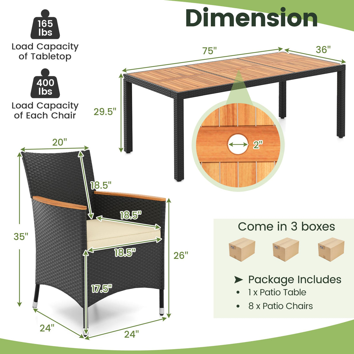 Juego de comedor para exteriores de 9 piezas con mesa de madera de acacia
