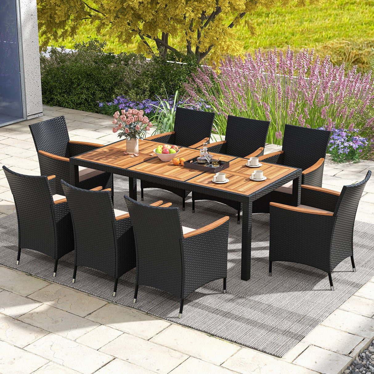 Juego de comedor para exteriores de 9 piezas con mesa de madera de acacia