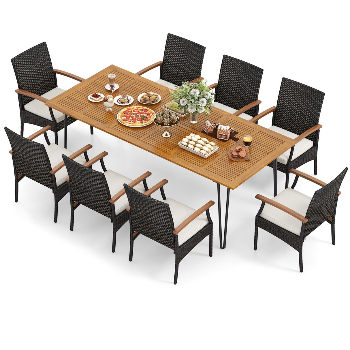 9 Pieces Outdoor Patio Dining Set with Acacia Wood Square Table and Umbrella Hole