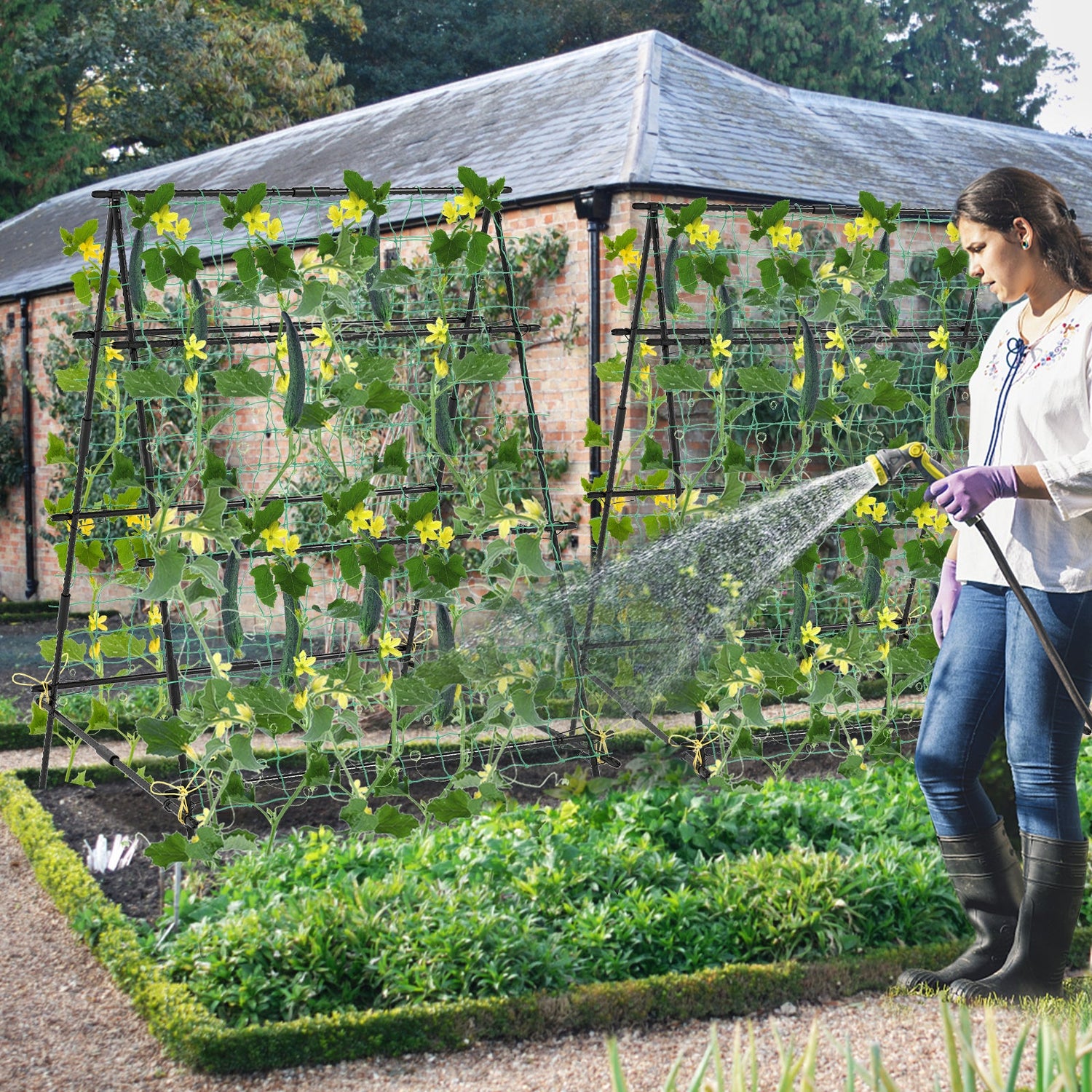 A-Frame Garden Cucumber Trellis with Netting for Climbing Plants Outdoor-Black