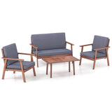Juego de conversación de madera de acacia de 4 piezas para exteriores con cojines suaves en asiento y respaldo