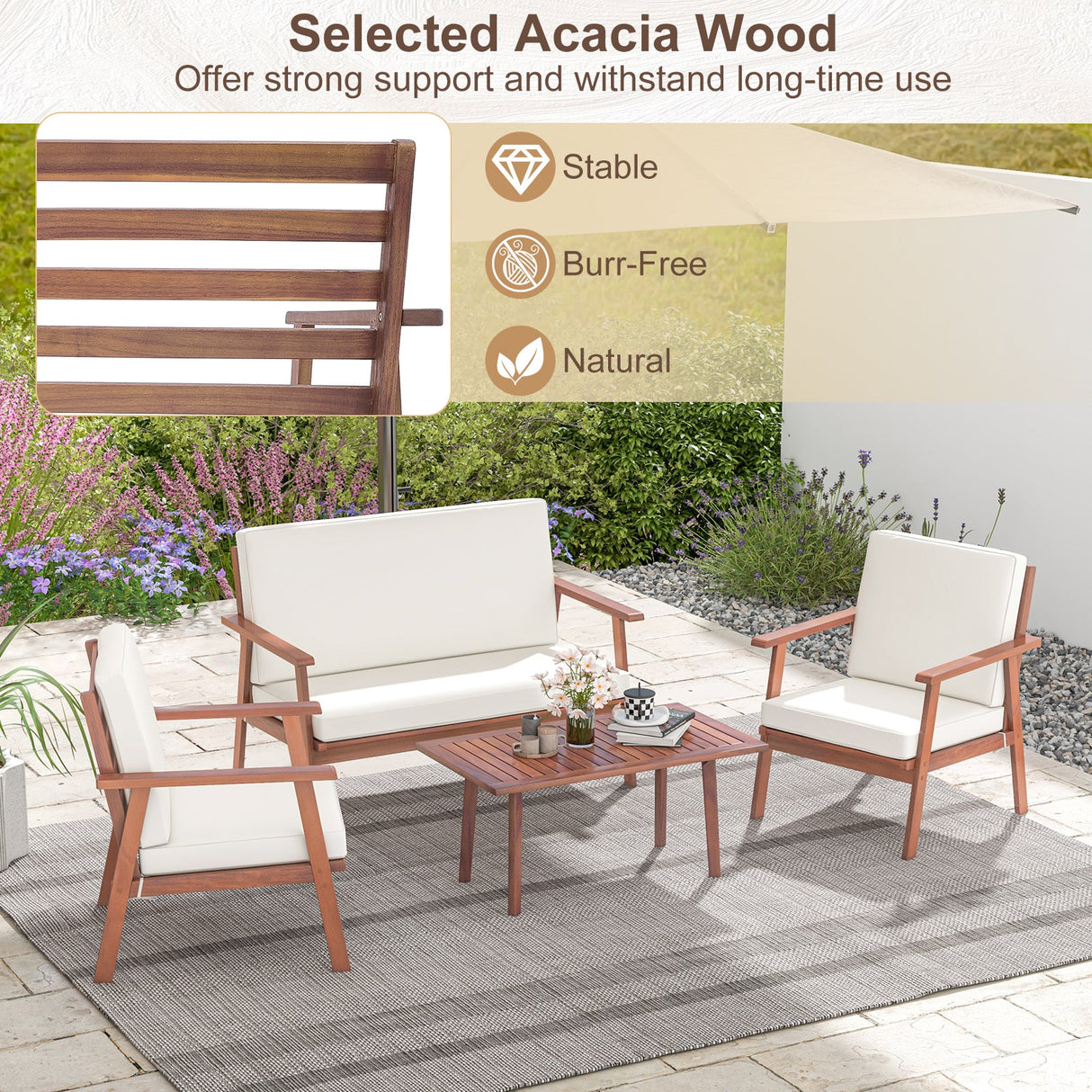 Juego de conversación de madera de acacia de 4 piezas para exteriores con cojines suaves en asiento y respaldo
