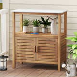 Mesa de trabajo para macetas de exterior de madera de acacia, mesa de jardinería, estación de banco de trabajo para plantar con puertas persianas