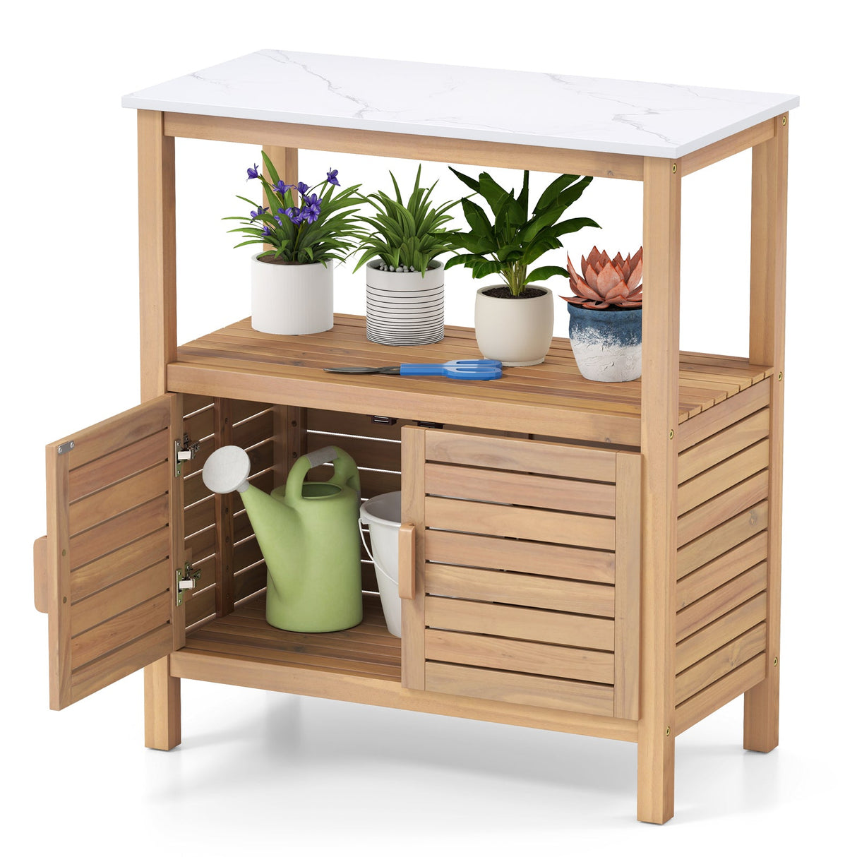 Mesa de trabajo para macetas de exterior de madera de acacia, mesa de jardinería, estación de banco de trabajo para plantar con puertas persianas