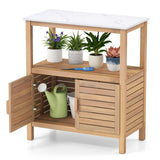 Mesa de trabajo para macetas de exterior de madera de acacia, mesa de jardinería, estación de banco de trabajo para plantar con puertas persianas