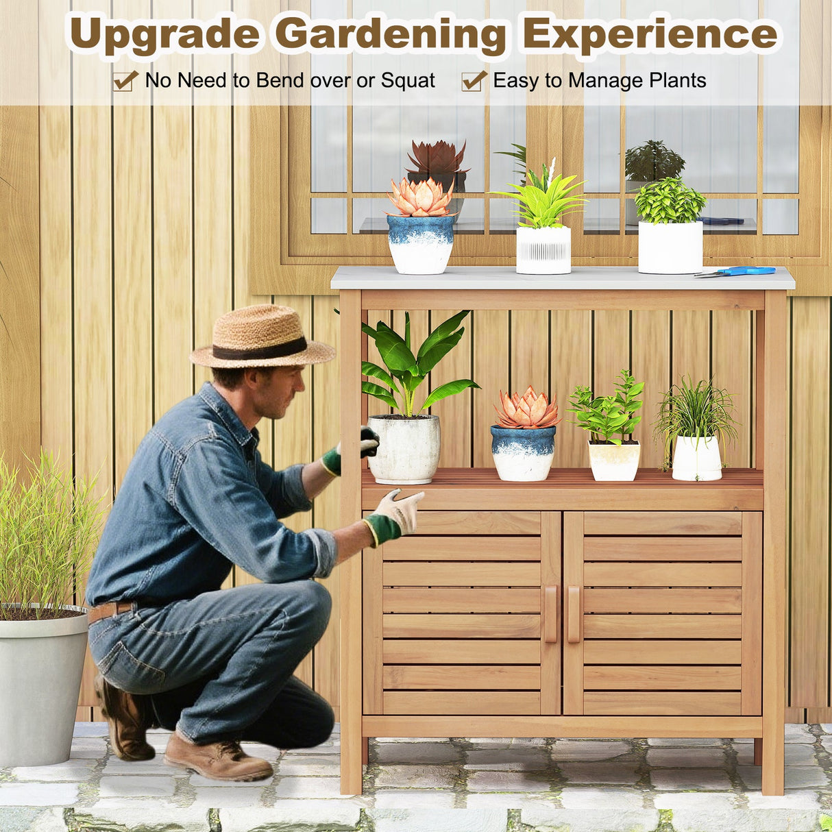 Mesa de trabajo para macetas de exterior de madera de acacia, mesa de jardinería, estación de banco de trabajo para plantar con puertas persianas