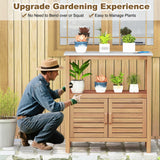Mesa de trabajo para macetas de exterior de madera de acacia, mesa de jardinería, estación de banco de trabajo para plantar con puertas persianas