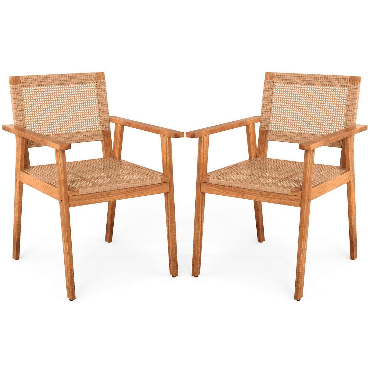 Acacia Wood Outdoor Dining Chairs Set of 2 PE Rattan Patio Chairs with Backrests and Armrests