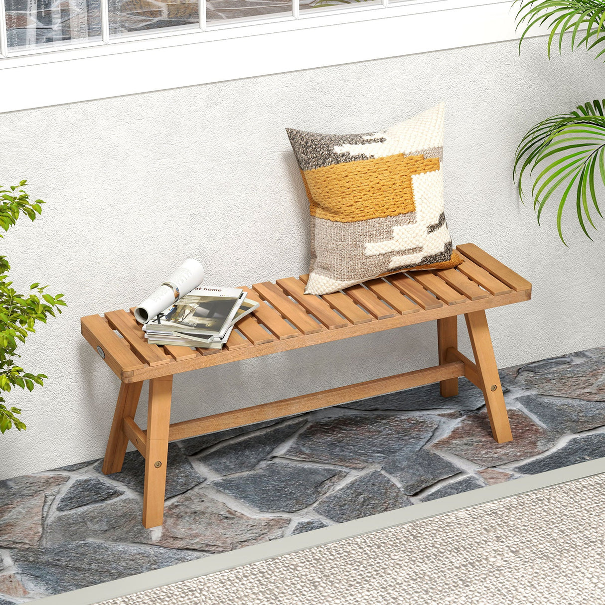Banco de Jardín Exterior de Madera de Acacia Juego de 1/2 con Asiento de Lamas y Capacidad de 800 lbs