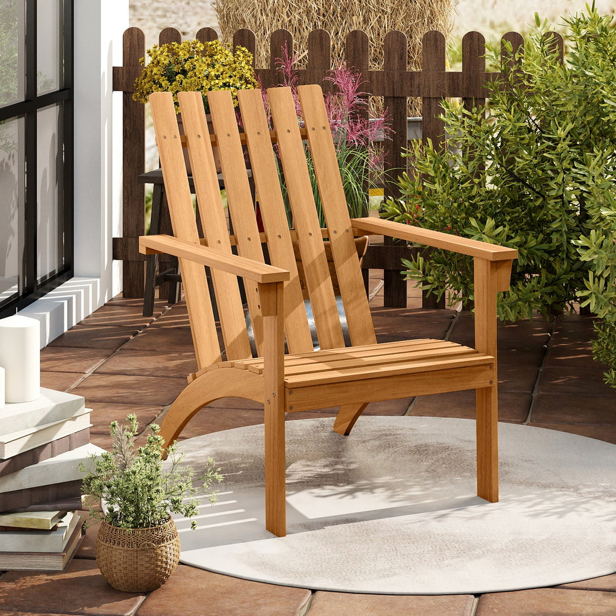 Silla de patio Adirondack de madera de acacia con asiento inclinado y respaldo alto para porche-Natural