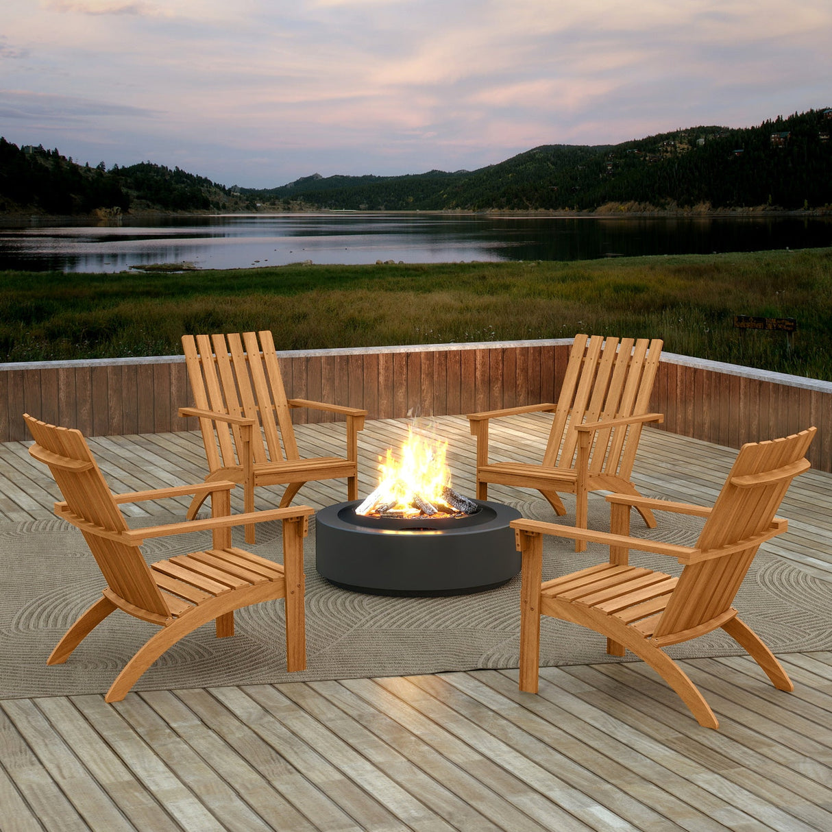 Silla de patio Adirondack de madera de acacia con asiento inclinado y respaldo alto para porche-Natural