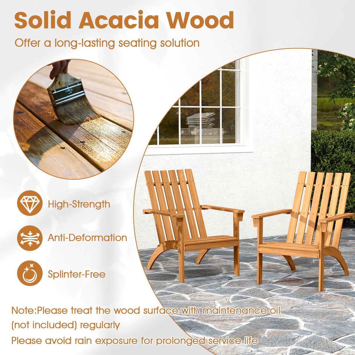 Silla de patio Adirondack de madera de acacia con asiento inclinado y respaldo alto para porche-Natural