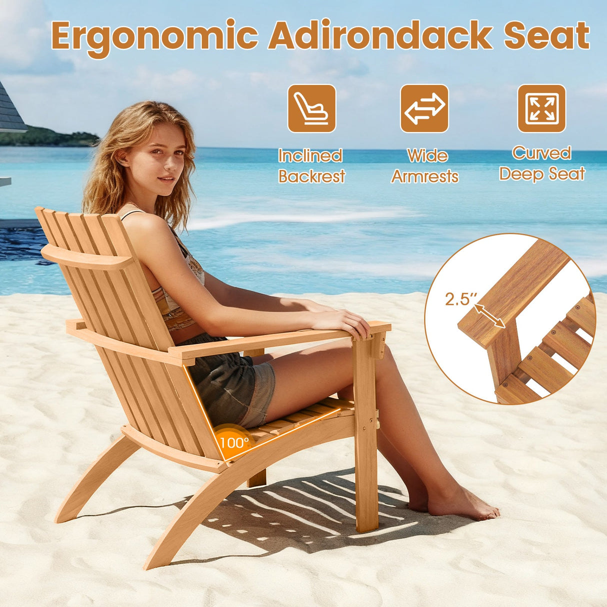 Silla de patio Adirondack de madera de acacia con asiento inclinado y respaldo alto para porche-Natural