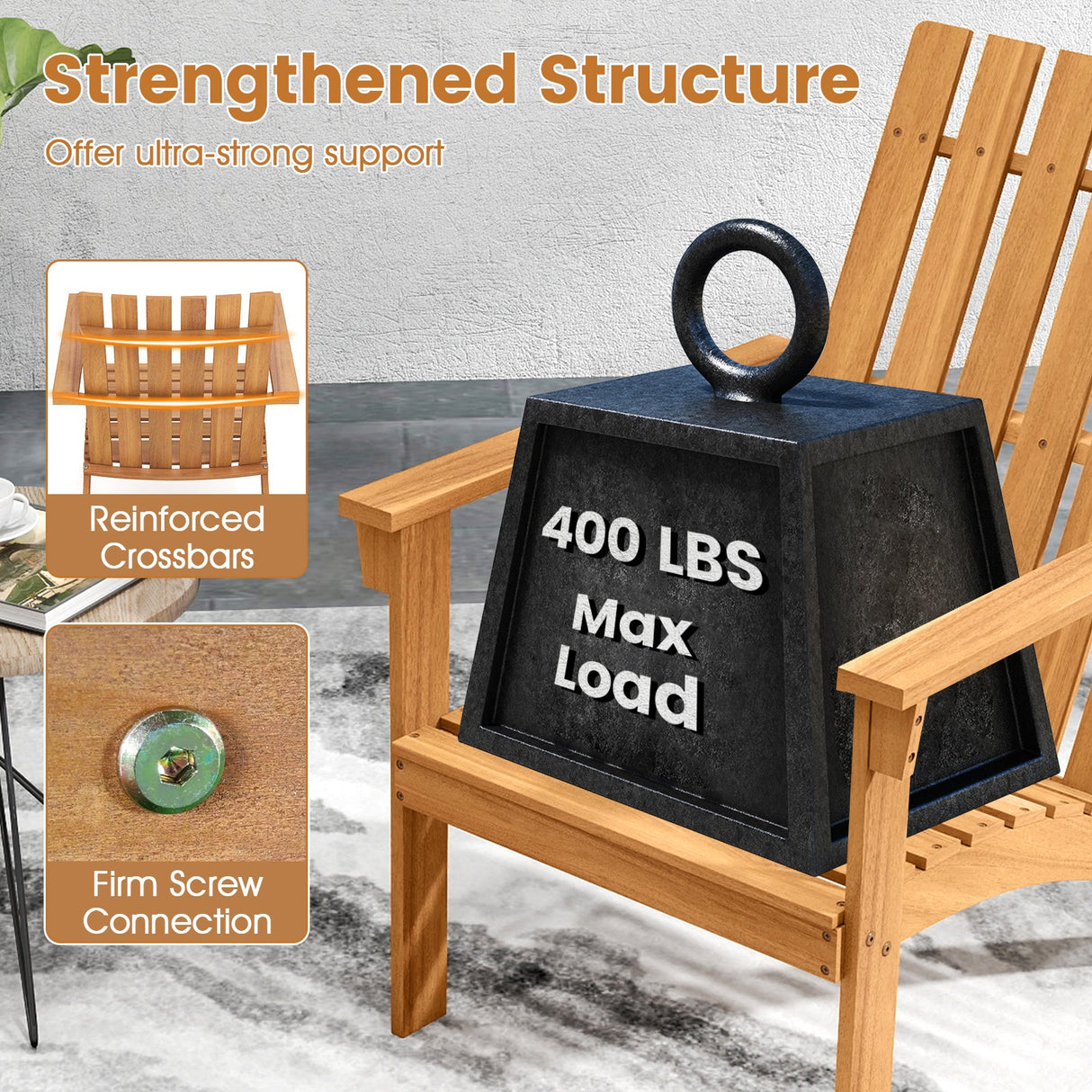 Silla de patio Adirondack de madera de acacia con asiento inclinado y respaldo alto para porche-Natural