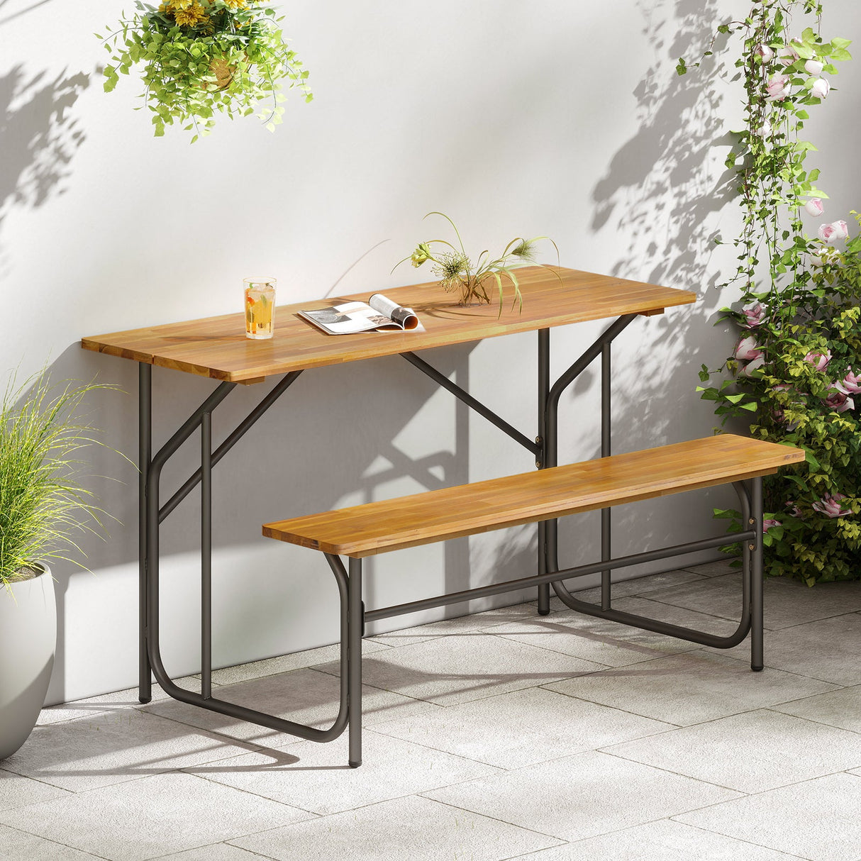 Banco de mesa de patio de madera de acacia para 2 personas, mesa de picnic de un lado