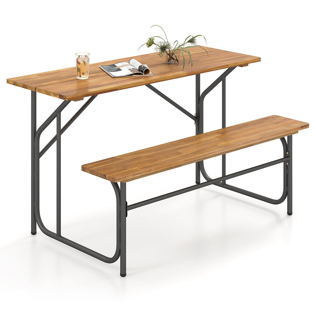 Banco de mesa de patio de madera de acacia para 2 personas, mesa de picnic de un lado