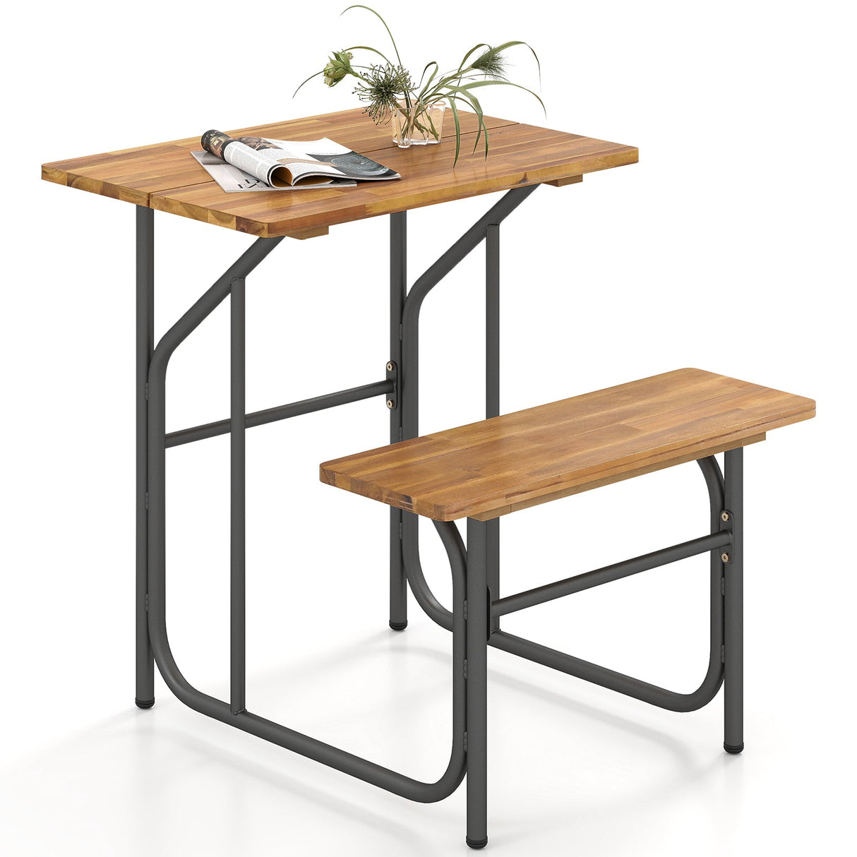 Conjunto de mesa y banco de patio de madera de acacia, mesa de picnic y asiento de un lado