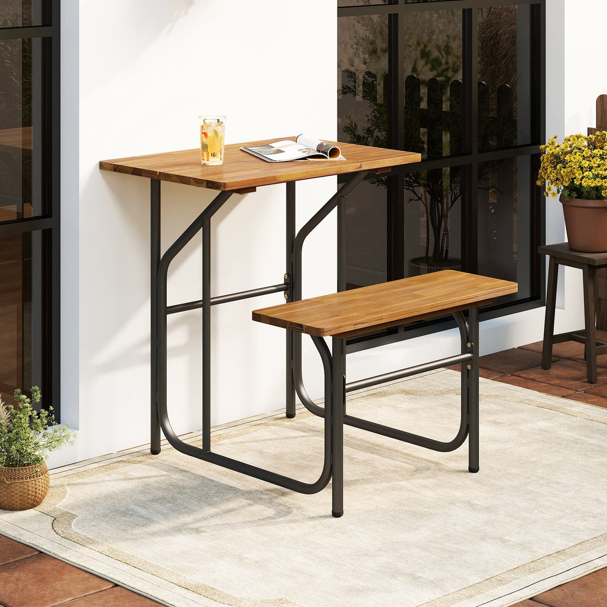 Conjunto de mesa y banco de patio de madera de acacia, mesa de picnic y asiento de un lado