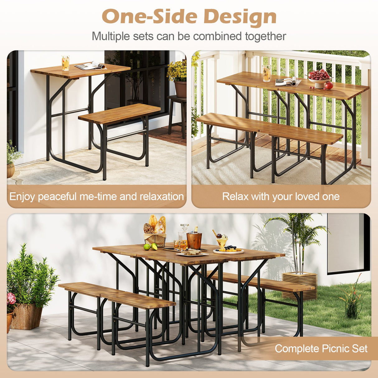 Conjunto de mesa y banco de patio de madera de acacia, mesa de picnic y asiento de un lado