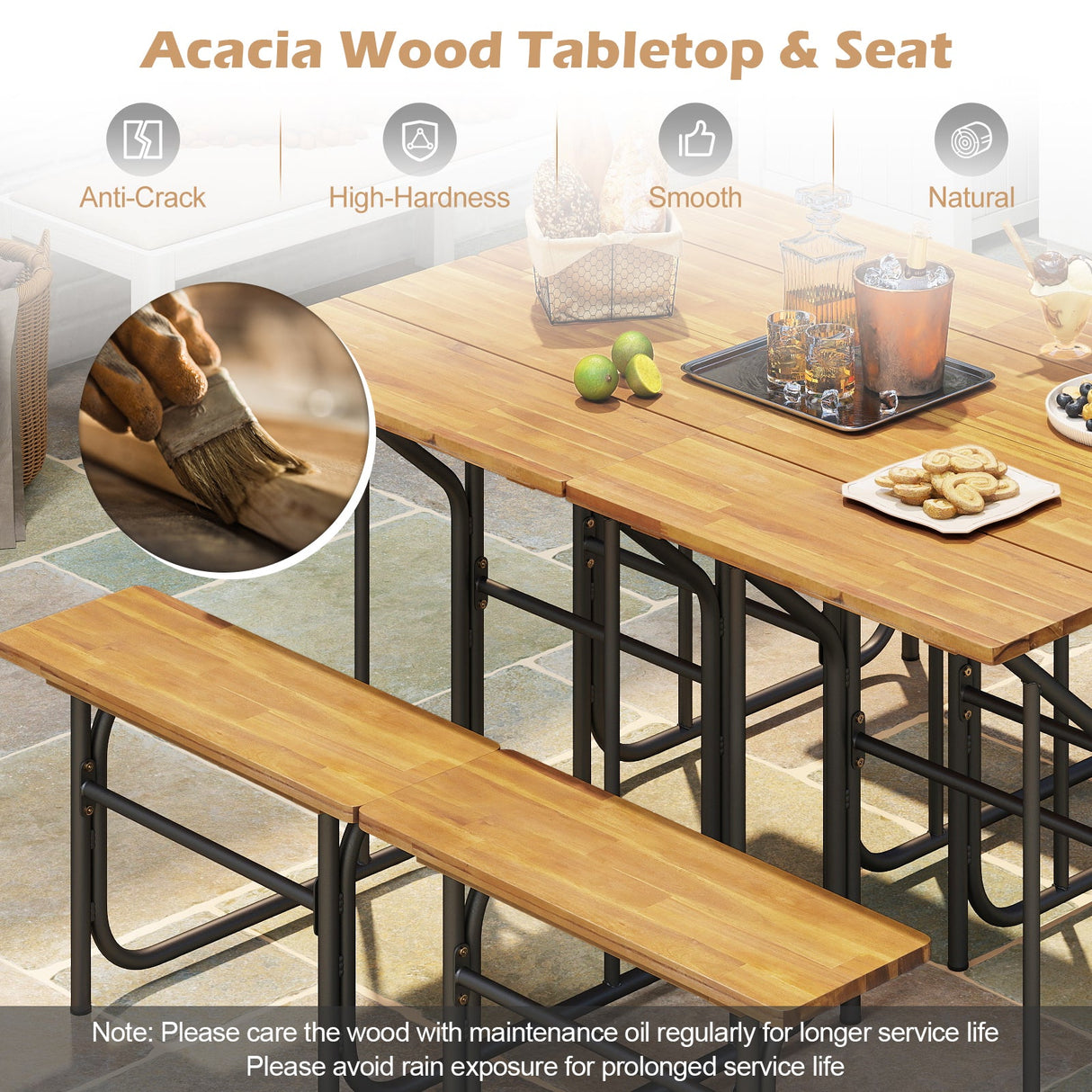 Conjunto de mesa y banco de patio de madera de acacia, mesa de picnic y asiento de un lado