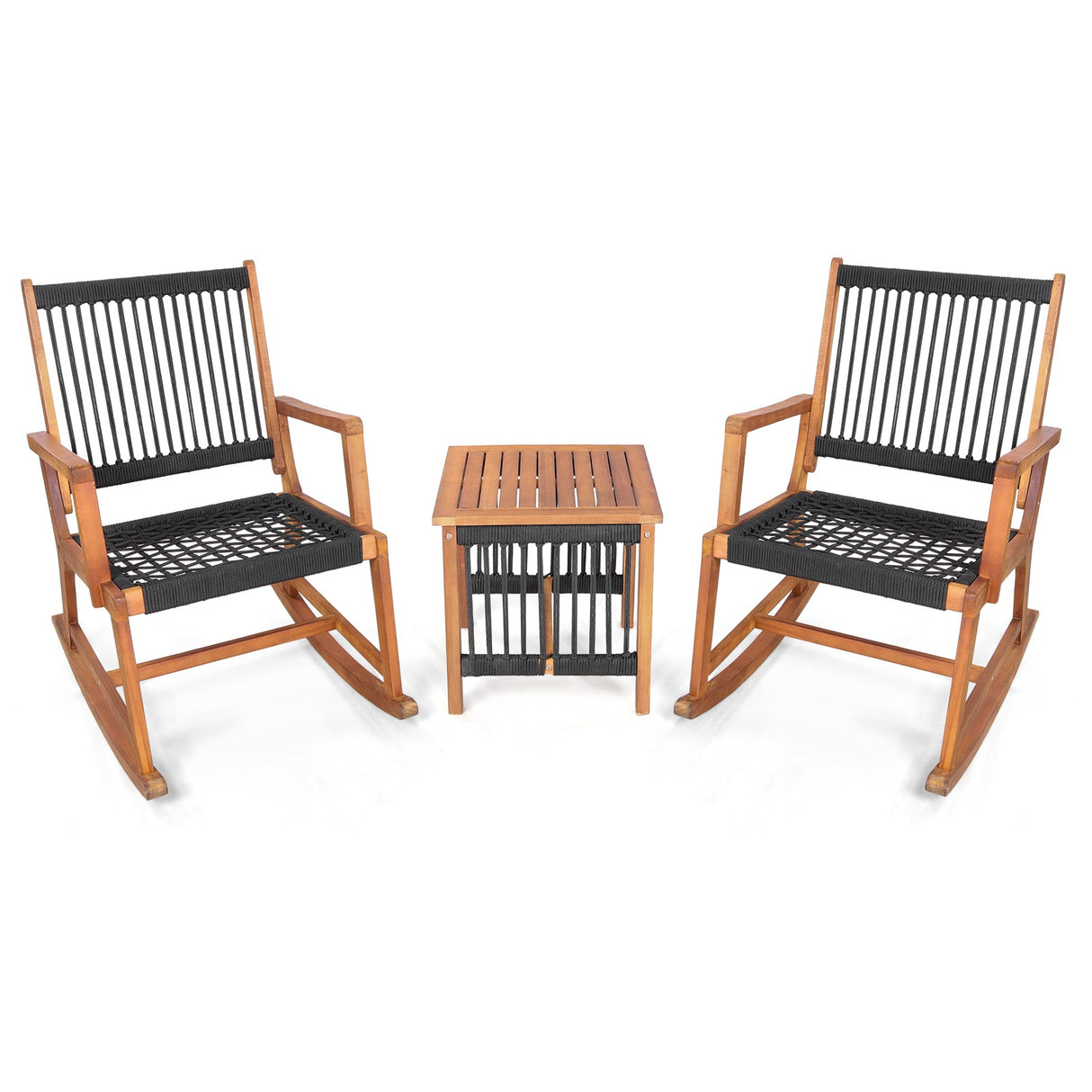 Juego de bistro mecedora de madera de acacia de 3 piezas