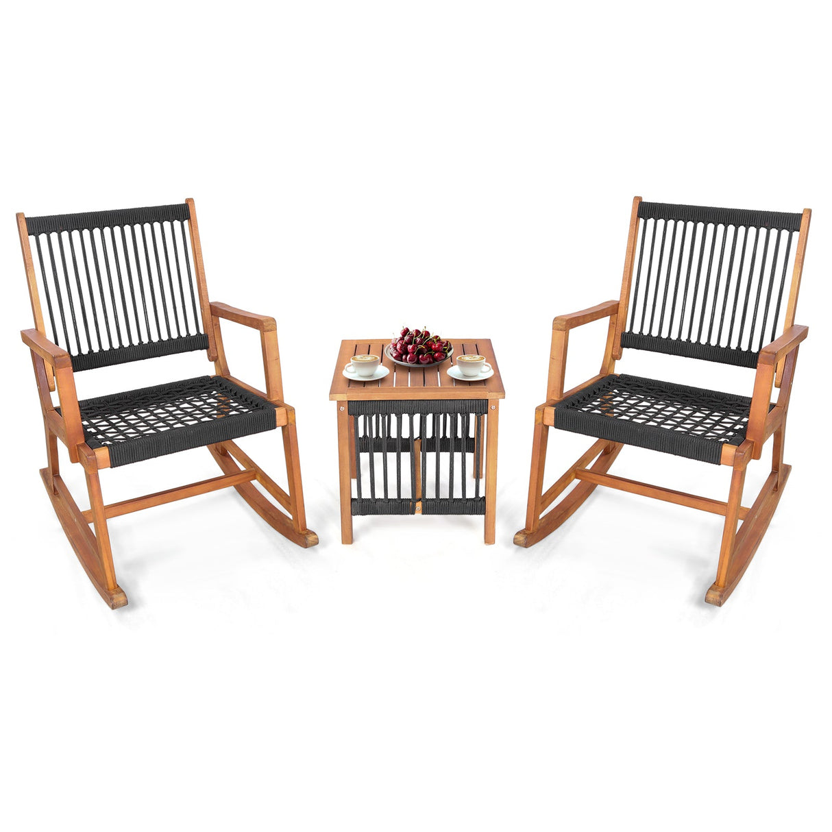 Juego de bistro mecedora de madera de acacia de 3 piezas