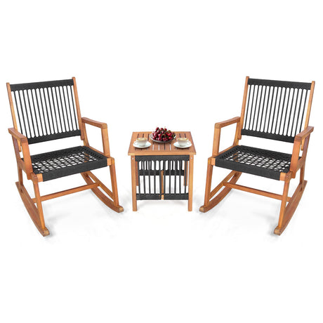 Juego de bistro mecedora de madera de acacia de 3 piezas