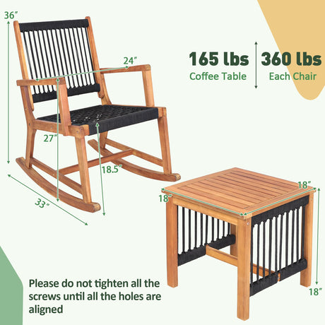 Juego de bistro mecedora de madera de acacia de 3 piezas