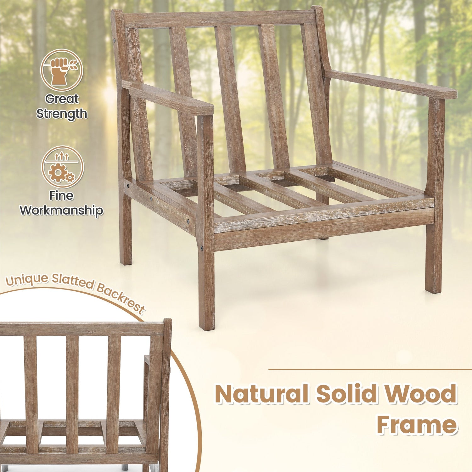 Sillón moderno con reposabrazos de madera maciza de caucho