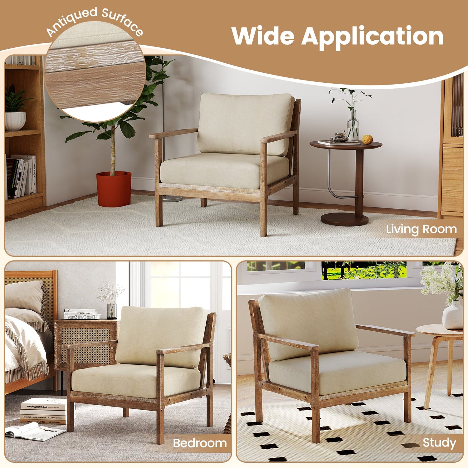 Sillón moderno con reposabrazos de madera maciza de caucho